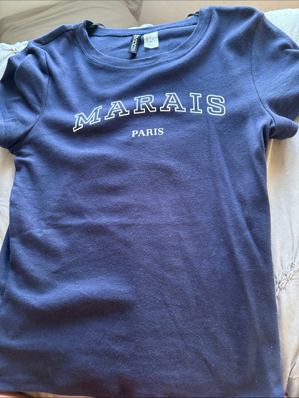 H&M Navy Short Sleeve Tee with White "MARAIS PARIS" Graphic